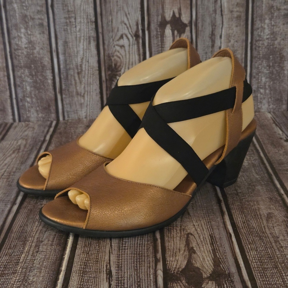 Sz 39 / 8 Arche Satia Metallic Bronze Leather Elastic Strap Block Heels Sandals